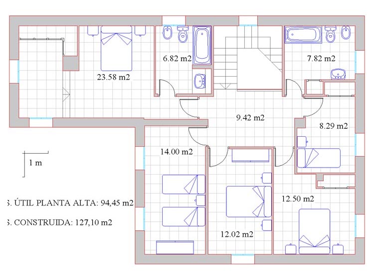 Plano de la planta alta del chalet sito en C/ Vicente Cervantes n&ordm;1 de Zafra - PROHERGON