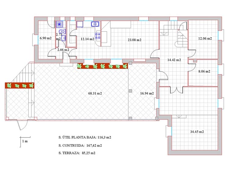 Plano de la planta baja del chalet sito en C/ Vicente Cervantes n&ordm;1 de Zafra - PROHERGON