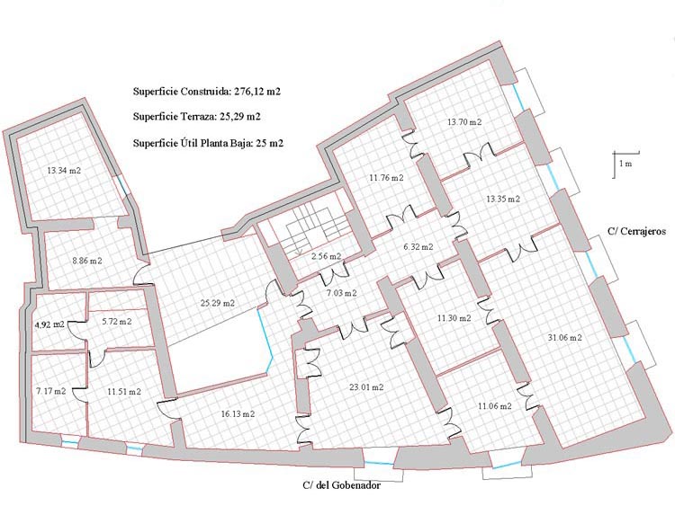Plano de la vivienda 1&ordf; planta sita en esquina C/ Cerrajeros y C/ del Gobernador de Zafra - PROHERGON